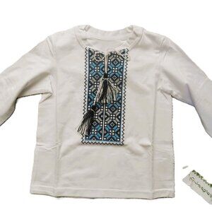 White Long Sleeve Embroidered Kids Top with Tassel Detail